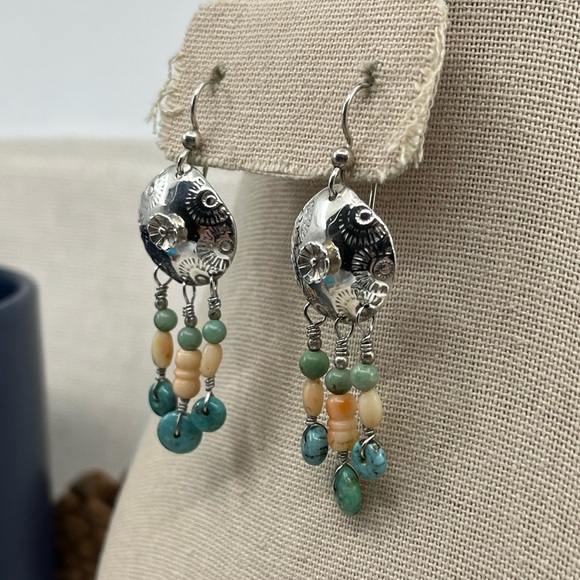 90's Handmade Sterling Silver Shell & Floral Dangle Earrings with Turquoise - Picture 3 of 15